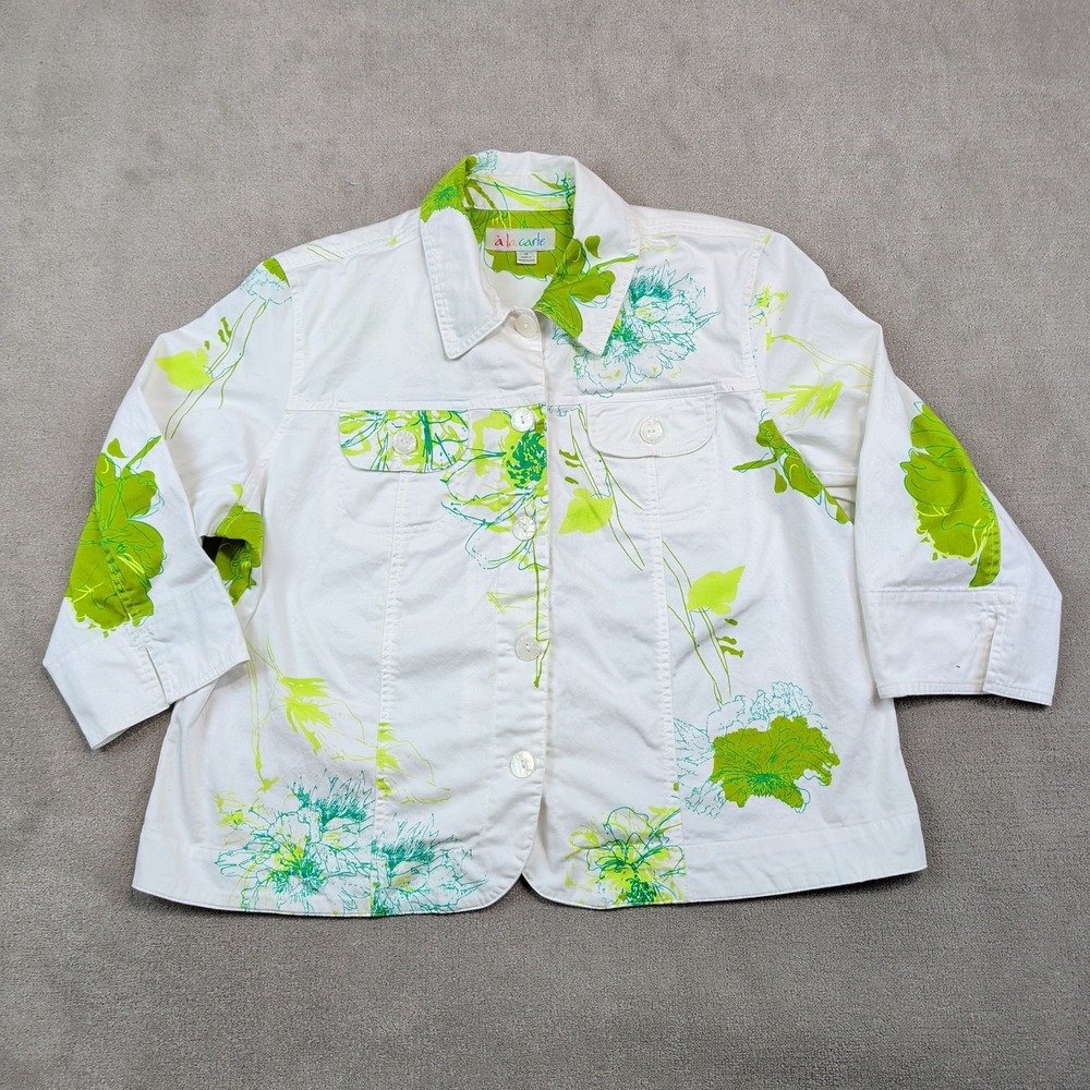 à la carte Y2K Floral Button Up Jacket 1X White Green Cotton Botanical Trucker